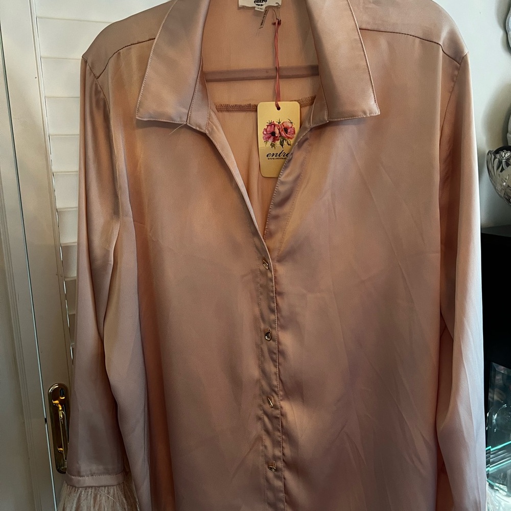 Entro Satin with feather trim Button Down Shirt in Blush